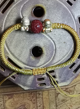 手工编织绳Q版如来佛弥勒佛999纯银镀沙金朱砂六字真言手饰/手链