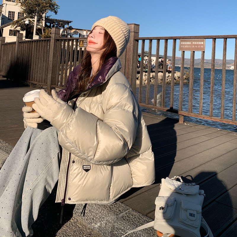 浅蓝色巨好看针织立领羽绒服女2025冬季新款韩系小个子白鸭绒外套,女装羽绒服,2C183