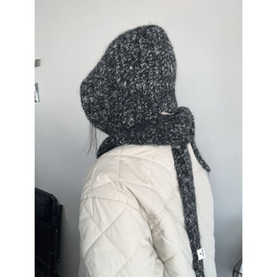 2025韩国贴标帽子围巾一体巴拉克拉法帽复古杂色百搭实用针织帽冬