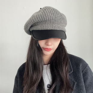 易梦玲同款灰色羊毛针织帽子女时尚气质复古画家帽秋冬贝雷报童帽