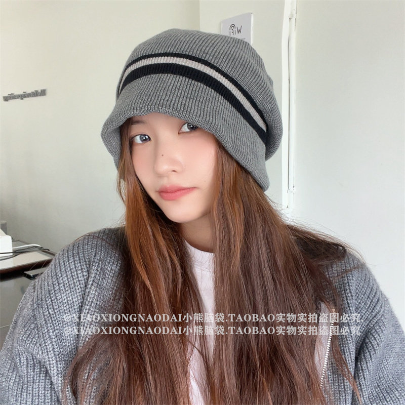 日系简约针织堆堆帽大头围秋冬护耳冷帽休闲百搭保暖毛线帽子韩版