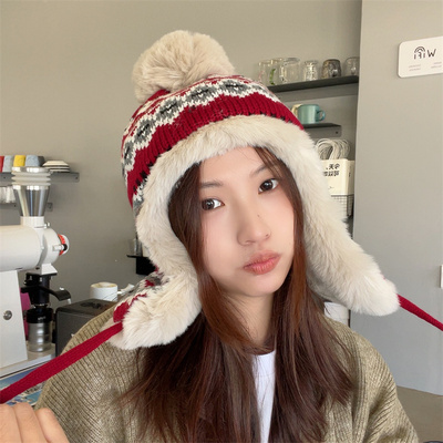 时尚加绒加厚提花护耳雷锋帽