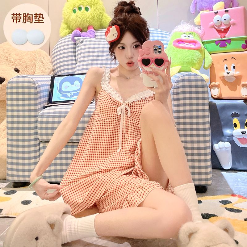 带胸垫格子甜美蕾丝花边吊带睡衣女生夏季薄款纯棉性感家居服套装