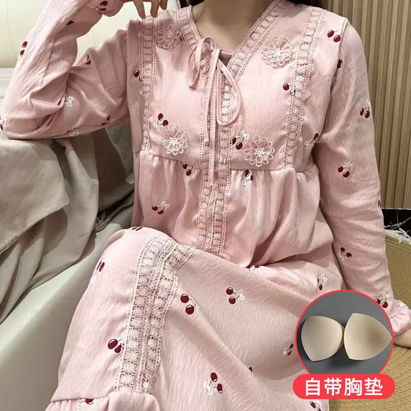 夏季纯棉樱桃长袖带胸垫睡裙图片
