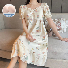 2024新款带胸垫泡泡棉睡裙女夏季公主风性感可爱中长款家居服夏天