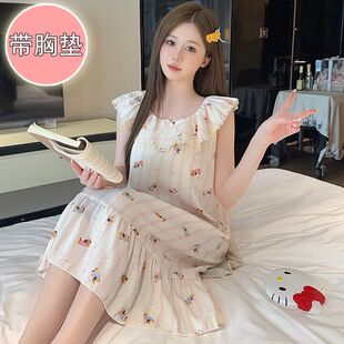 休闲夏天家居服睡衣 带胸垫吊带睡裙女夏季 可爱甜美小飞袖 薄款 大码