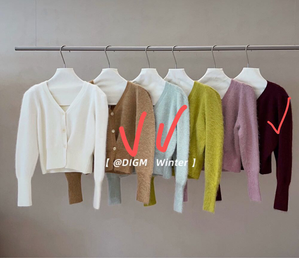 2026春季新品女糖果色V领开衫收腰上衣系扣百搭针织兔毛毛衣现货
