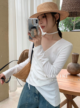 十三行正版【YOOMINI】韩系不规则收腰小衫(配颈带)  Y18878-DSL#