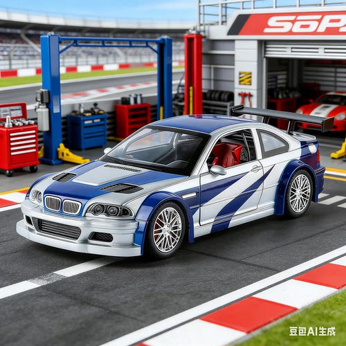 金车将1:24宝马M3GTR E46赛道版开门转向声光回力合金车模型摆件