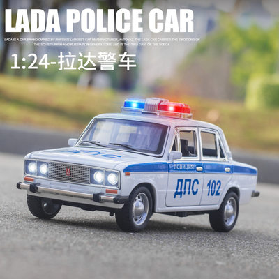 新款1:24LADA拉达2106警车六开门声光回力合金车怀旧模型收藏玩具