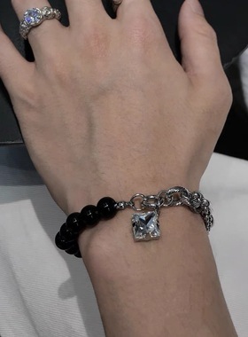 型男潮男钛钢拼接手链男女街头小众嘻哈双层手链体育生1S秀臂手环