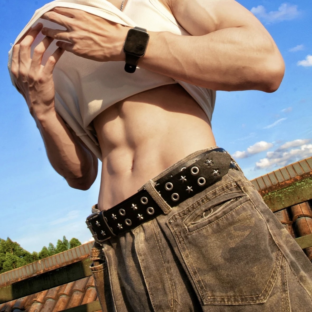 男生皮带体育生1S腰带网红男模健身裤带双排气眼双孔腰带牛仔裤带