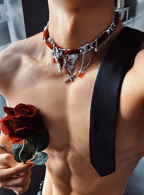 男生红蝴蝶流苏项链网红流行choker型男体育生1S0M项圈颈环锁骨链