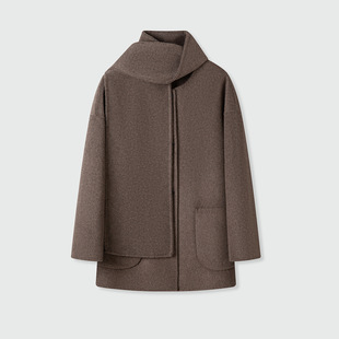 山羊绒大衣JS氛围感围巾款双面毛呢外套女秋冬高感慵懒系战袍