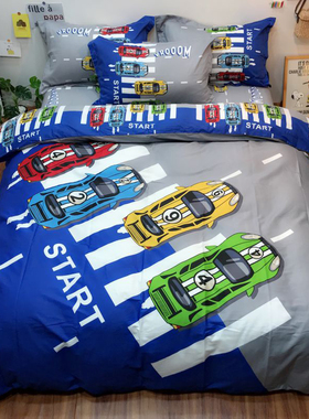 全棉床单被套小男孩蓝色纯棉四件套儿童卡通1.2m床笠三件套小汽车