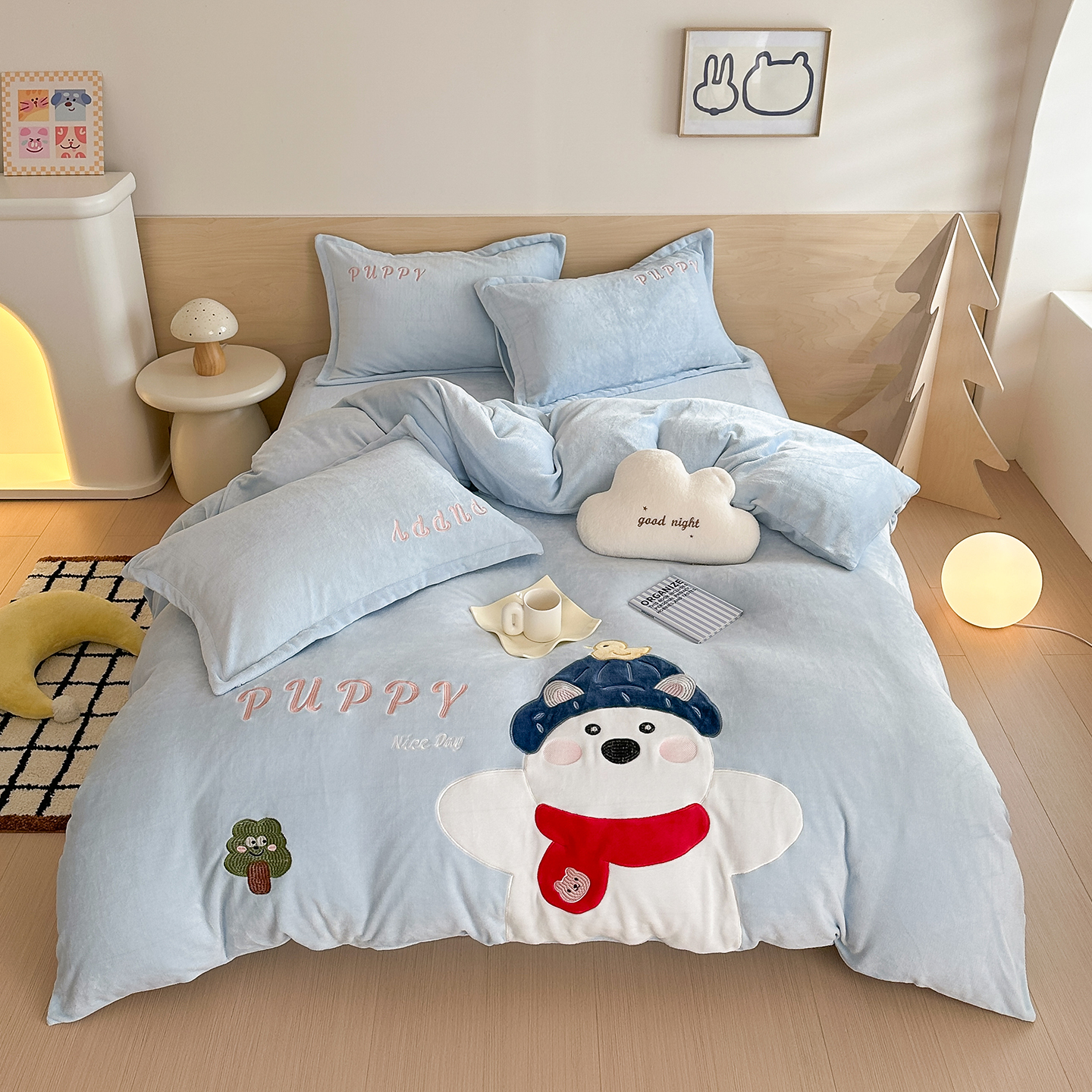 加厚保暖牛奶绒三四件套卡通刺绣