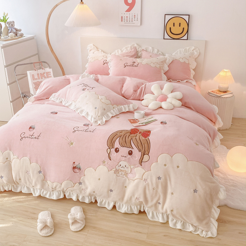加厚保暖床单被套小女孩公主风牛奶绒四件套儿童卡通宝宝绒三件套