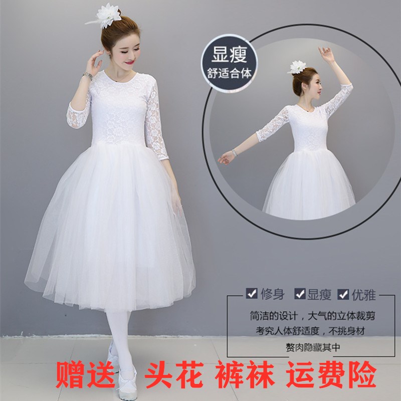 新款白色舞蹈纱裙芭蕾舞裙天鹅湖演出服成人女表演七分袖蕾丝舞裙