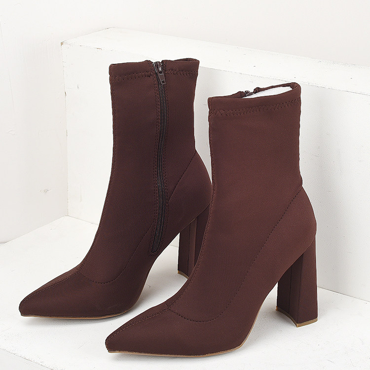 FOREIGN TRADE ORIGINAL SINGLE SKINNY BOOTS BLOCK HEEL BOOTS WOMENS SPRING STRETCH CLOTH SIDE ZIPPER POINTED TOE HIGH HEELS SINGLE BOOTS WOMEN