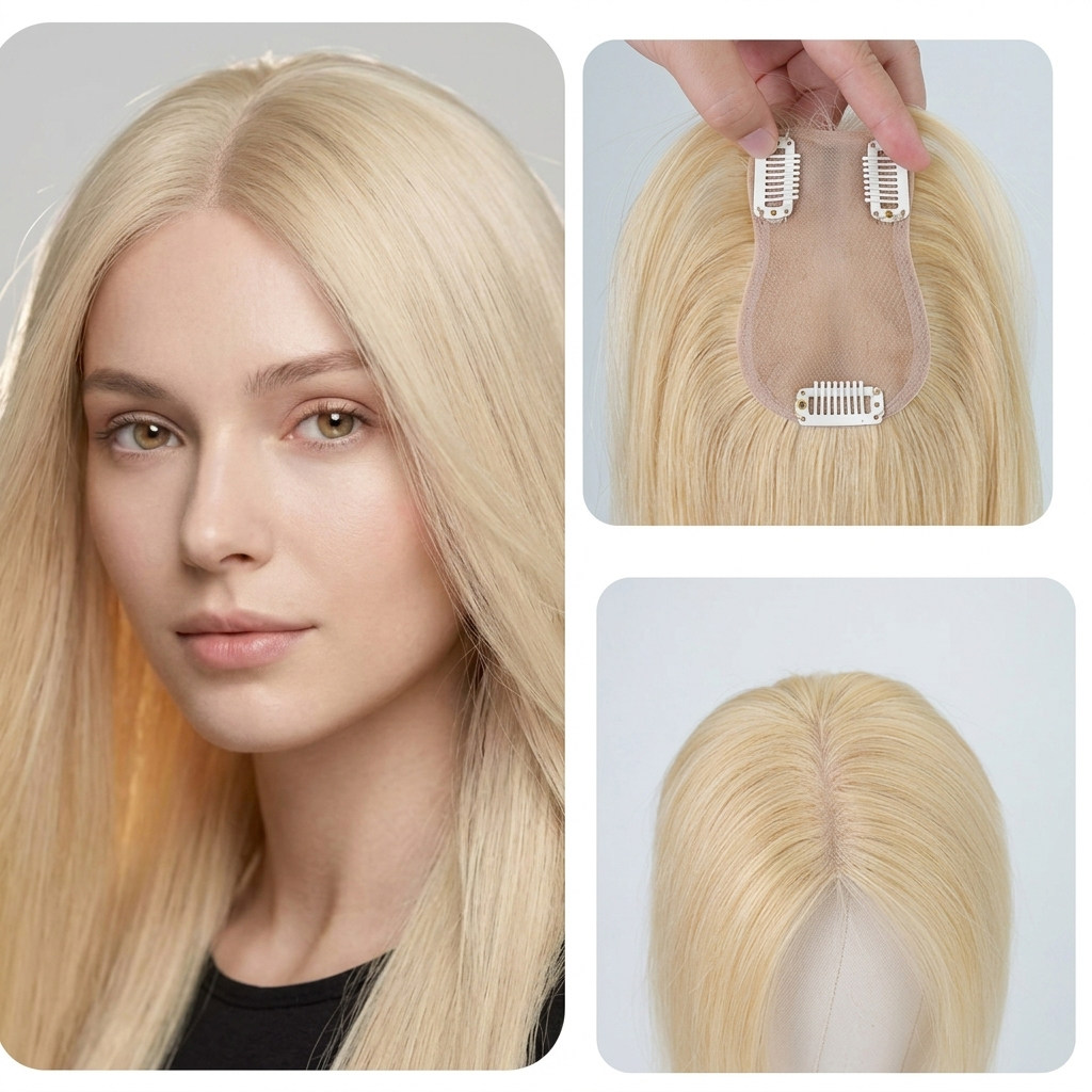 MESICE白金色真人发补发片遮盖布丁头蓬松高炉顶