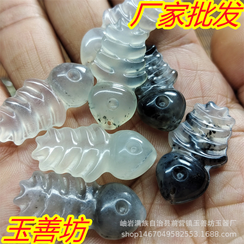 岫玉吊坠天然玉石挂件鱼刺diy手工饰品配件厂家水墨玉小雕件