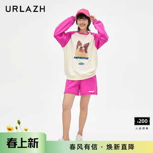 URLAZH有兰新款时尚简约百搭玫红宽松直筒纯棉休闲运动短裤女款