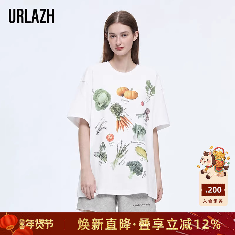 URLAZH有兰新款简约百搭白色休闲宽松蔬果印花圆领套头短袖T恤女