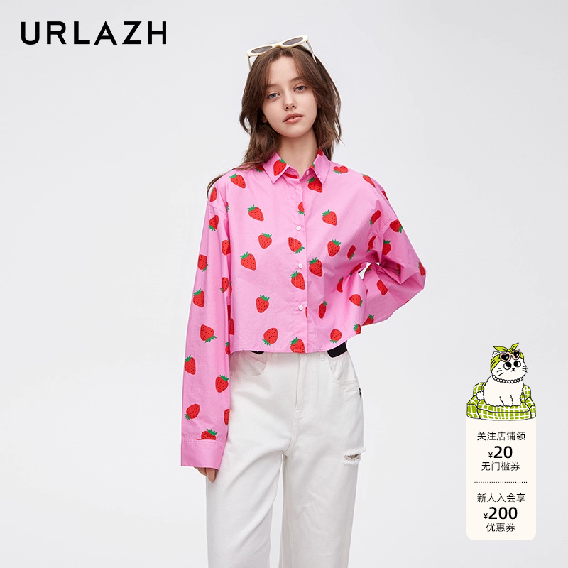 URLAZH有兰春季新款时尚粉色草莓印花纯棉休闲百搭短款气质衬衫女