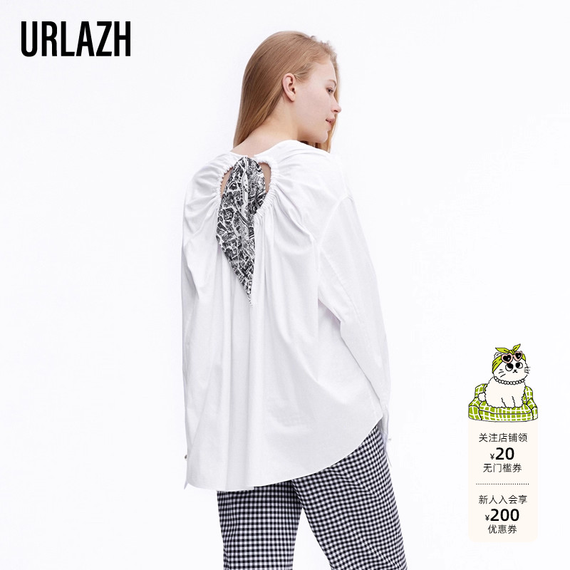 URLAZH有兰秋季新款拼接丝巾白色上衣卫衣女LL1SW20