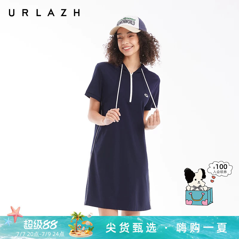URLAZH有兰夏季新款复古藏青都市轻运动休闲百搭连帽短袖连衣裙女
