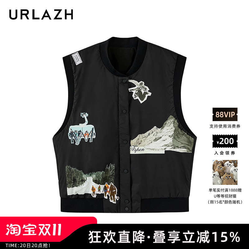 urlazh/有兰黑色印花棉服背心