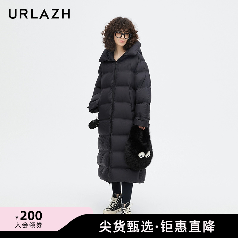 URLAZH有兰新款时尚气质简约黑色轻薄休闲宽松长款羽绒服外套女