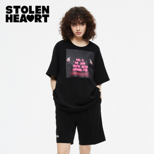 印花休闲宽松圆领短袖 STOLEN 简约甜酷时尚 HEART夏季 黑色t恤 新款