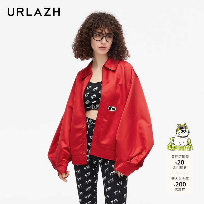 URLAZH有兰秋季新款宽松复古工装大红色oversize风衣夹克短外套女