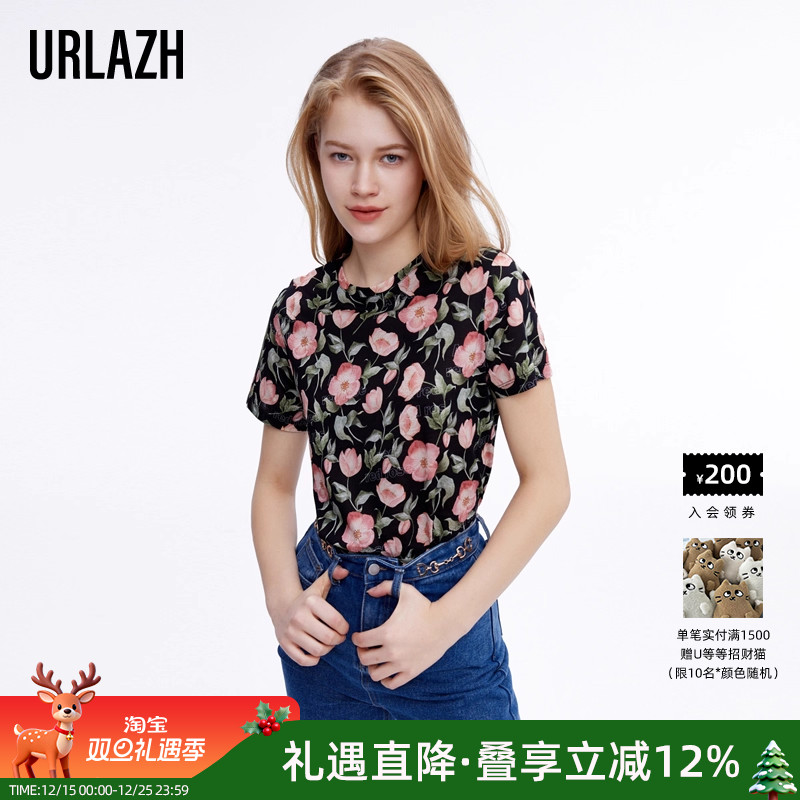 URLAZH有兰秋季新款纯棉复古时尚个性休闲基础圆领短袖花T恤女