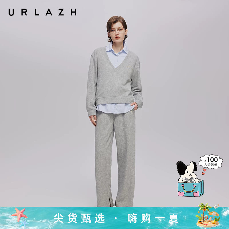 URLAZH有兰秋季新款浅灰复古简约阔腿开衩直筒时尚百搭休闲卫裤女