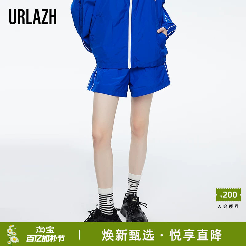 URLAZH有兰新款宝蓝色复古宽松直筒简约运动松紧腰休闲风短裤女