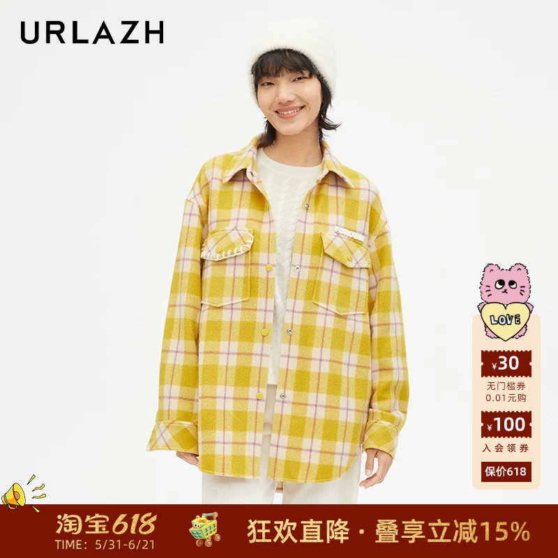 URLAZH有兰新款学院风羊毛复古格子休闲宽松长袖毛呢大衣外套女