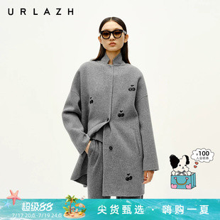 URLAZH有兰冬季新款冰川灰樱桃绣花宽松纯羊毛呢外套呢子大衣女