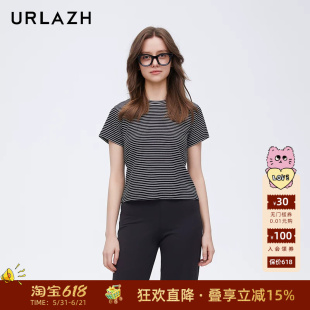 URLAZH有兰春季新款复古简约时尚百搭黑白条纹短款修身短袖T恤女