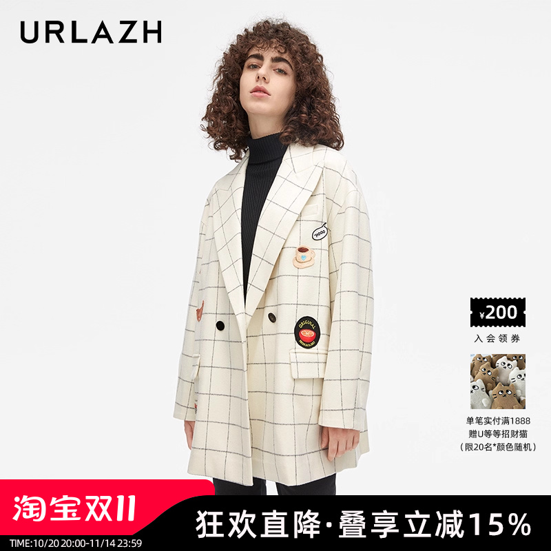URLAZH复古宽松羊毛格纹外套