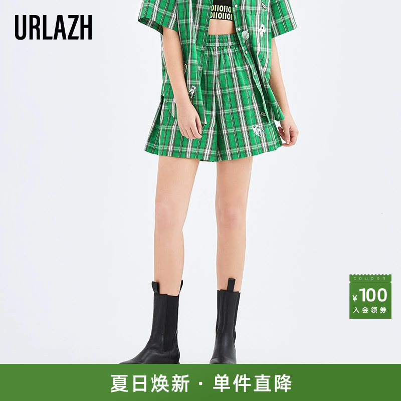 URLAZH有兰夏季新款白绿格子松紧短裤时尚潮休闲裤女