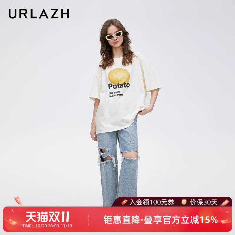 URLAZH有兰春季新款纯棉复古蓝破洞休闲宽松时尚百搭毛边牛仔裤女