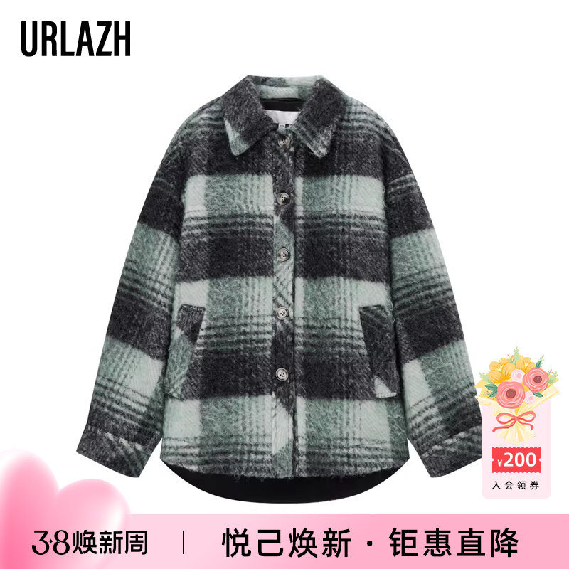 URLAZH有兰秋季新款复古简约格纹宽松休闲短款毛呢外套大衣女