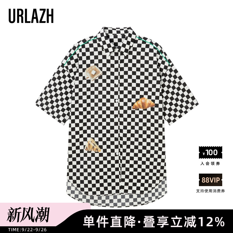 urlazh有兰夏季新款纯棉复古棋盘格子趣味印花休闲宽松短袖衬衫女