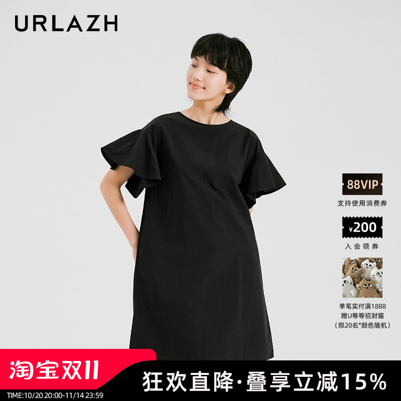 有兰夏季黑色宽松荷叶袖连衣裙