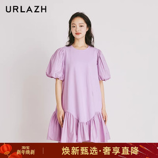 设计感小众短袖 气质紫色泡泡袖 连衣裙女 复古法式 URLAZH有兰新款