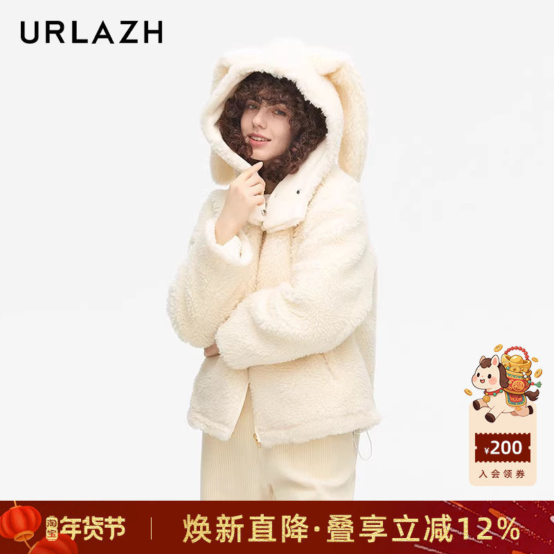 URLAZH有兰新款时尚减龄兔耳连帽宽松短款毛呢外套大衣女