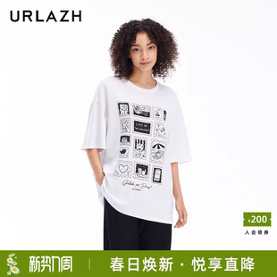 T恤女 卡通印花短袖 URLAZH有兰新款 简约百搭白色休闲宽松圆领时尚