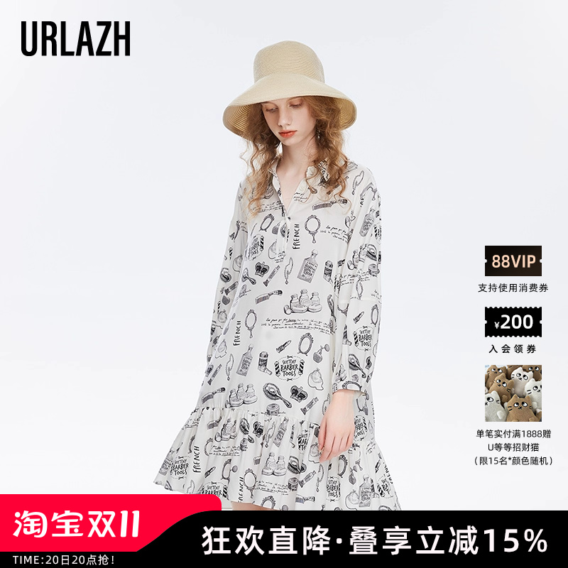 URLAZH/有兰印花长袖连衣裙